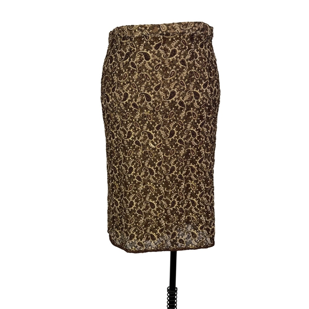 Adrianna Papell Occasions Beaded Paisley Pencil Skirt Brown Silk 30 waist